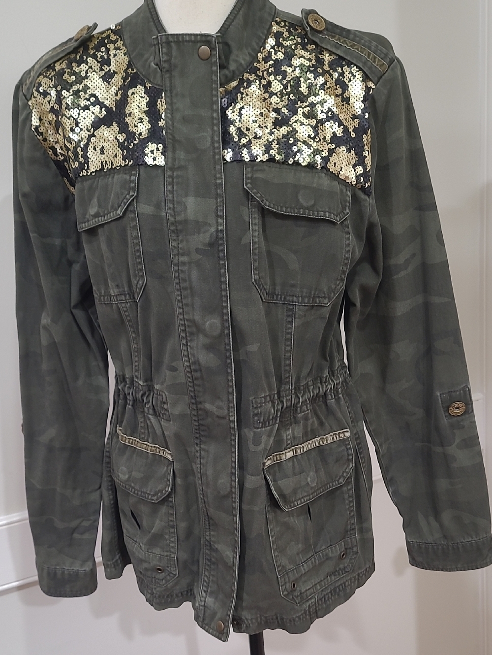 Democracy Anthropologie Olive Green Sequin-Accent Utility Jacket - Size L